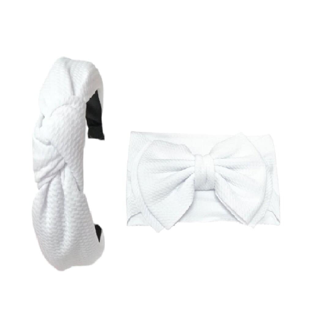 white-set-headband-baby-woman Σετ Μαμά-Κόρη Γυναικεία Στέκα με βρεφική-παιδική κορδέλα με φιόγκο 6 inches 0-8 χρονών - White - Image 1