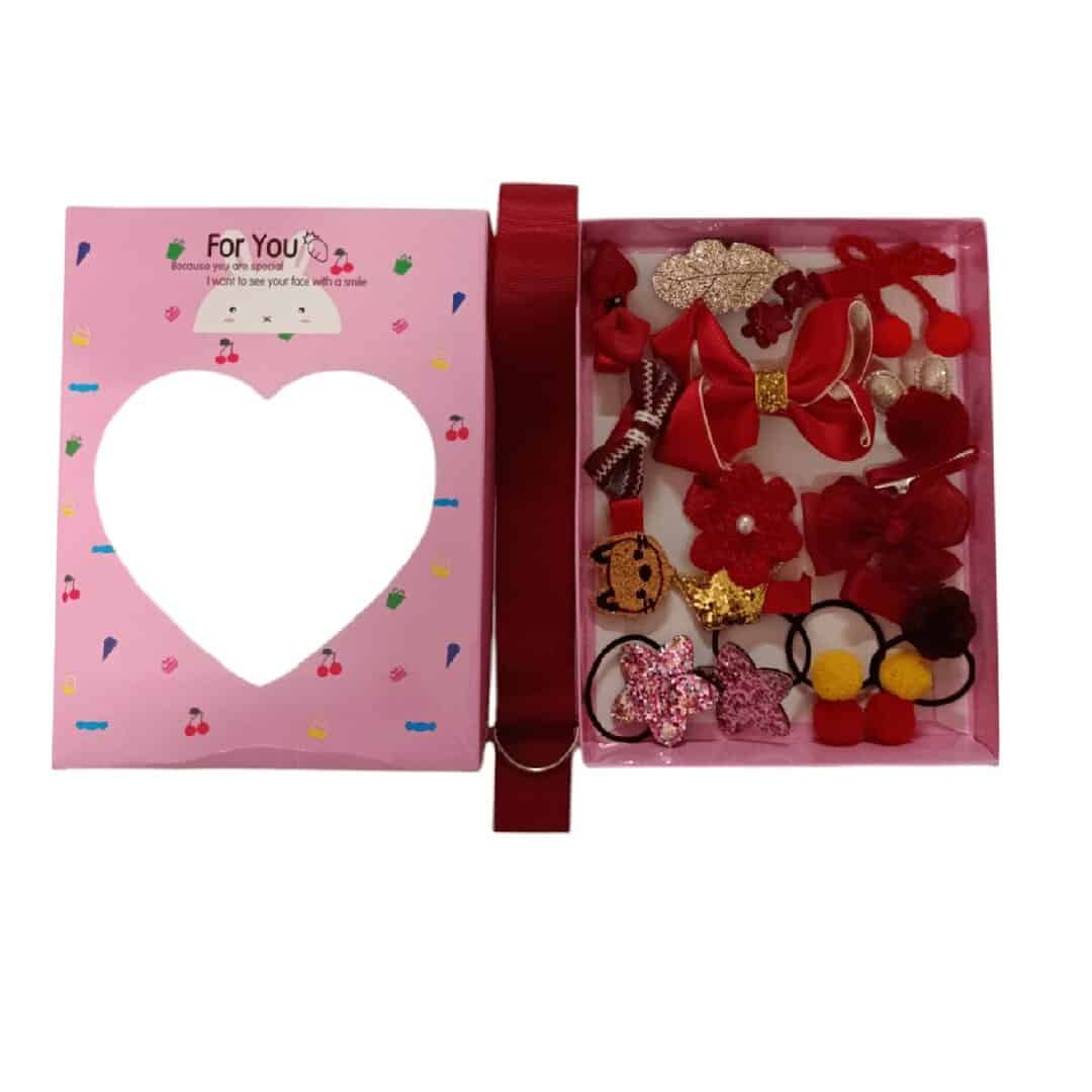 BOX-PINK-RED-CLIPS-18-PICS Ροζ Κουτί με 18 παιδικά κλιπ-κοκαλάκια Red 02 - Image 1