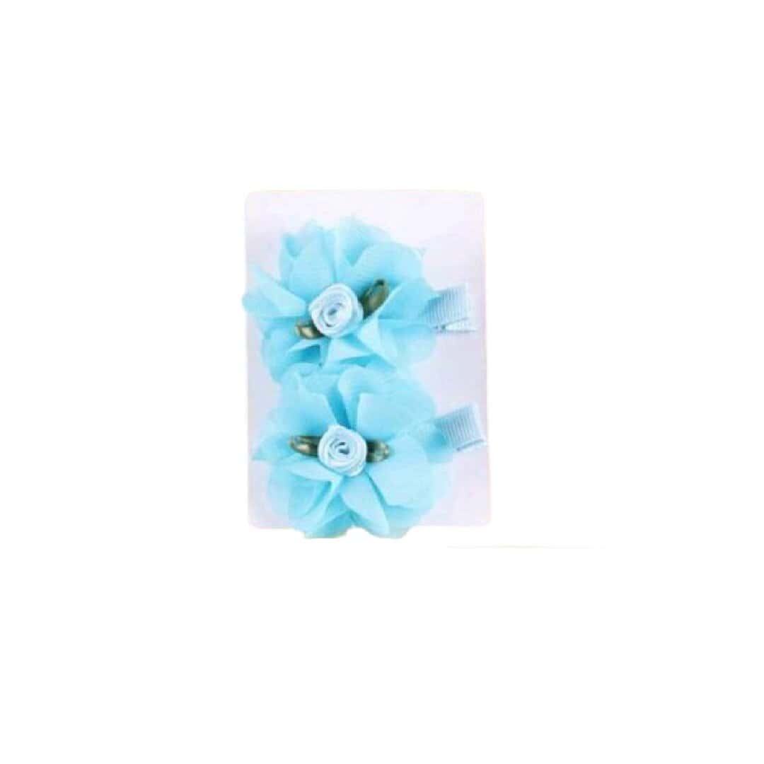 BLUE-FLOWER-SET-CLIP-GIRL-HAIR Σετ 2 τμχ Παιδικό-βρεφικό Κλιπ λουλουδάκι Blue με προστατευτικό ύφασμα 5cm - Image 1