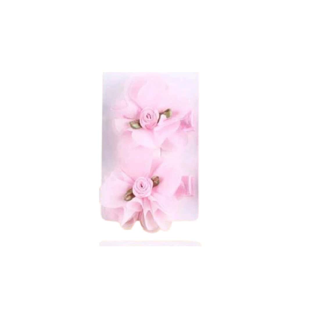 PINK-FLOWER-SET-CLIP-HAIR Σετ 2 τμχ Παιδικό-βρεφικό Κλιπ λουλουδάκι Pink με προστατευτικό ύφασμα 5cm - Image 1