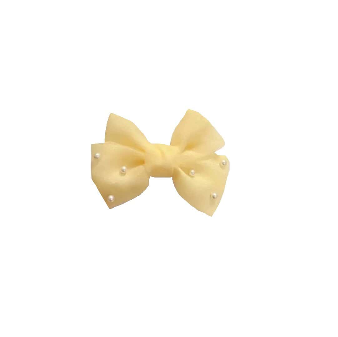 YELLOW-CLIP-BOW-PEARLS Παιδικό-βρεφικό Κλιπ φιογκάκι με πέρλες yellow 7cm - Image 1