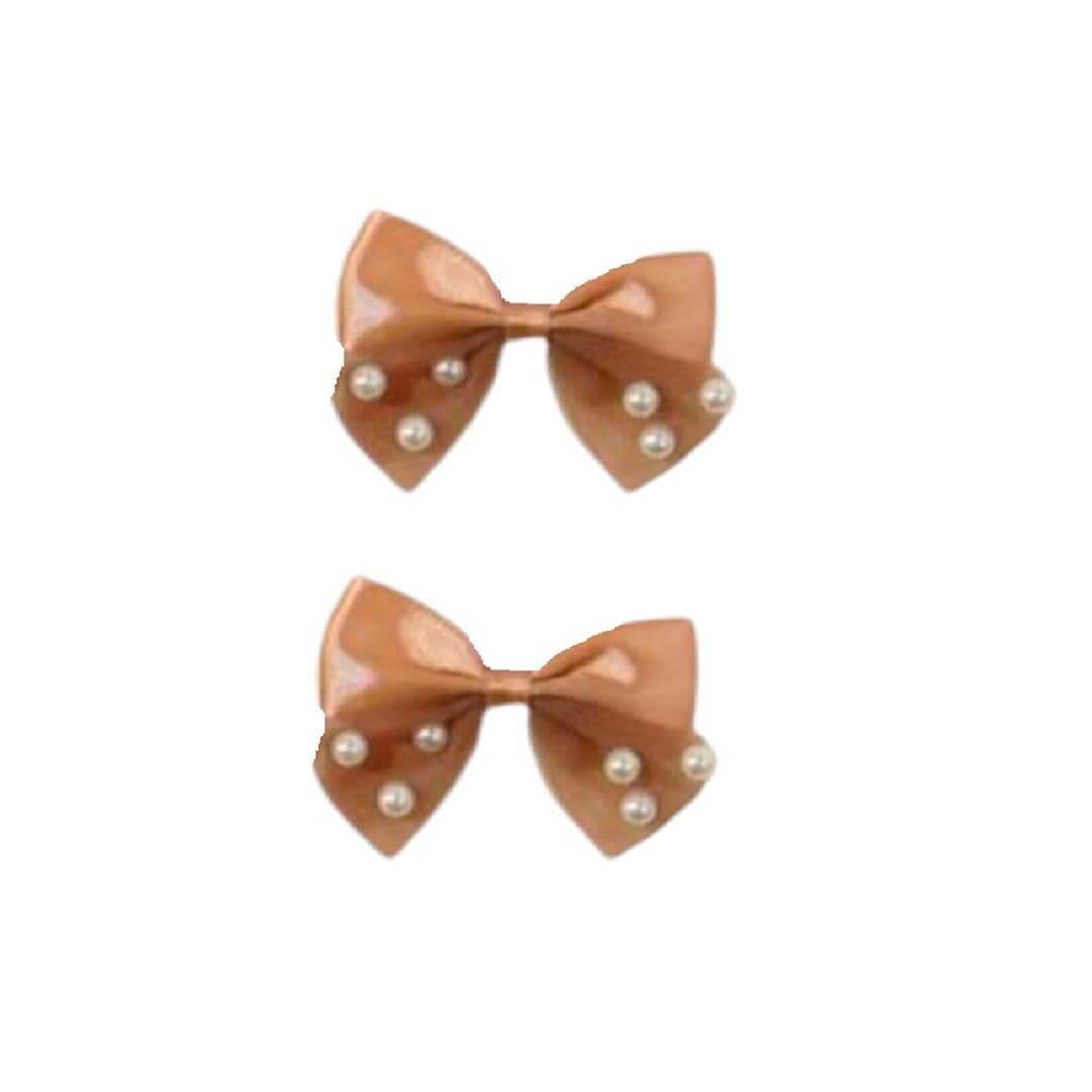 brown-set-bows-clip-pearls Σετ 2 τμχ clip κοκαλάκι φιογκάκι με πέρλες- Brown - Image 1
