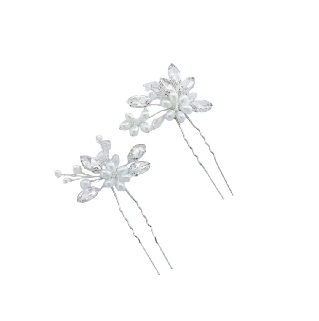 set-2-pcs-bridal-pin-silver Σετ Νυφική φουρκέτα 2 τμχ με κρύσταλλα flowers σε ασημί χρώμα - Image 1