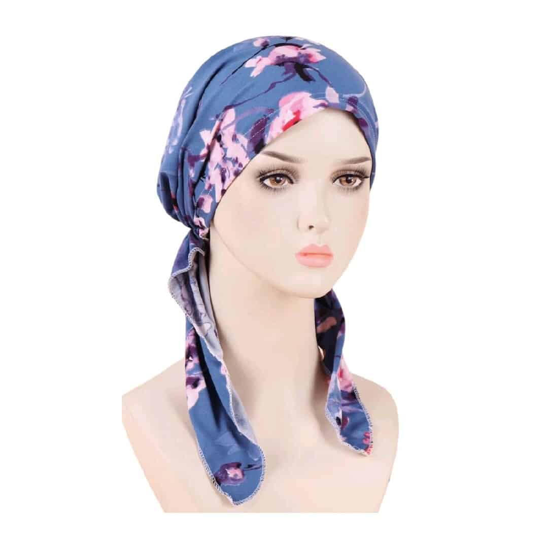TURBAN-BLUE-FLOWERS-LONG Γυναικείο Υφασμάτινο Μαλακό Τουρμπάνι μαλλιών Flowers blue long ( Μπλε) - Image 1