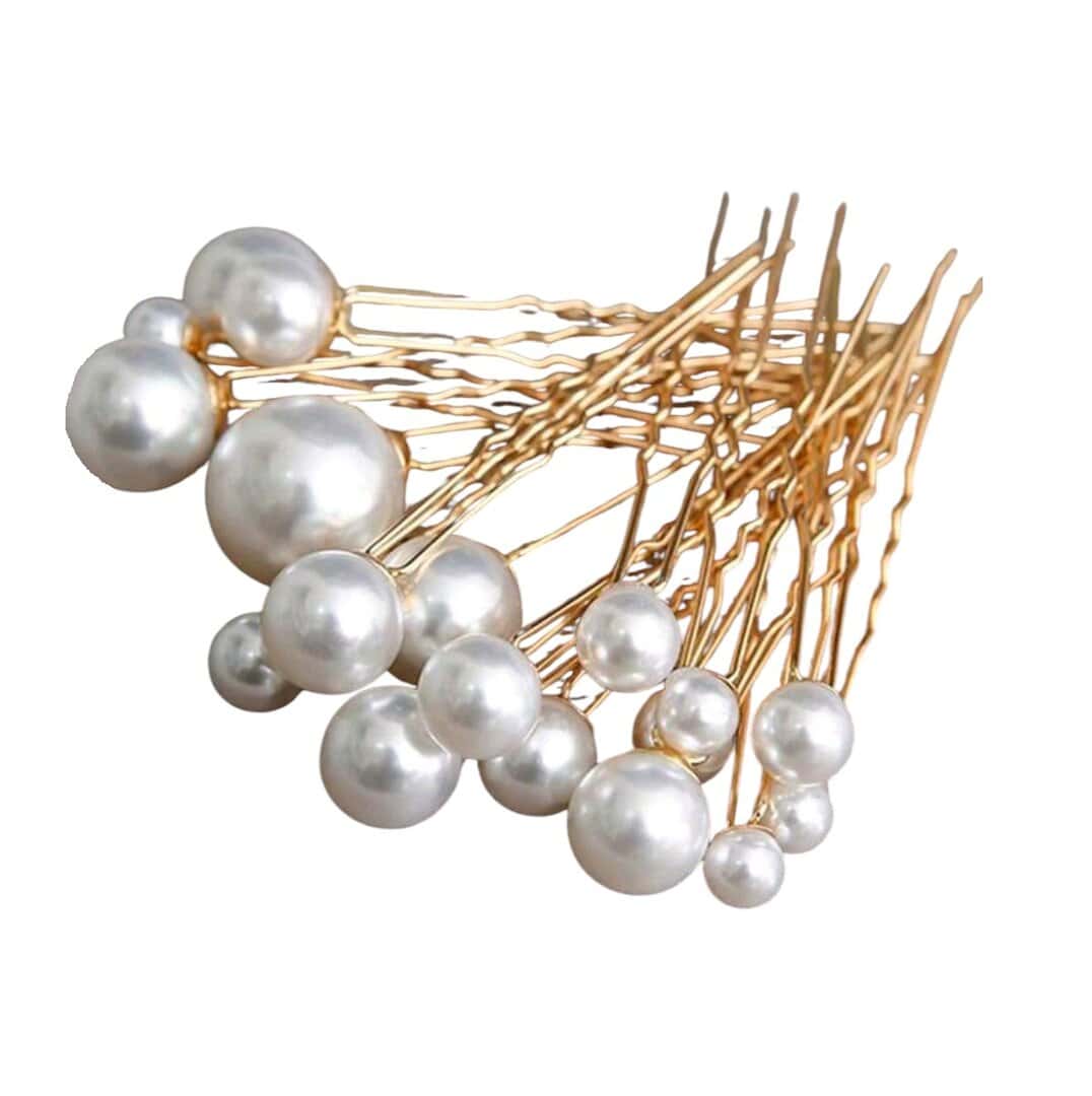 bridal-pins-18-pics-gold-pearls Νυφικό Σετ 18 τμχ Φουρκέτα Λευκή Πέρλα διάφορα μεγέθη σε χρυσό χρώμα - Image 1