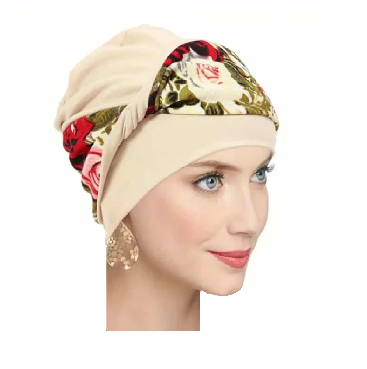 beige-turban-flowers-woman-chemotherapy Γυναικείο Υφασμάτινο  Μαλακό Τουρμπάνι  μαλλιών Flowers beige - Image 1