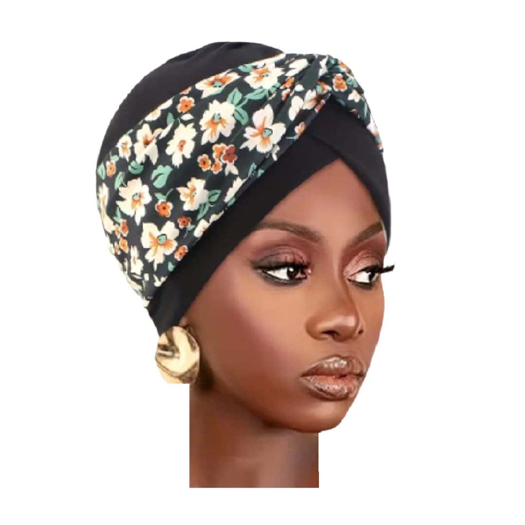 flowers-beauty-woman-turban-black Γυναικείο Υφασμάτινο Μαλακό Τουρμπάνι μαλλιών Flowers beauty (μαύρο) - Image 1
