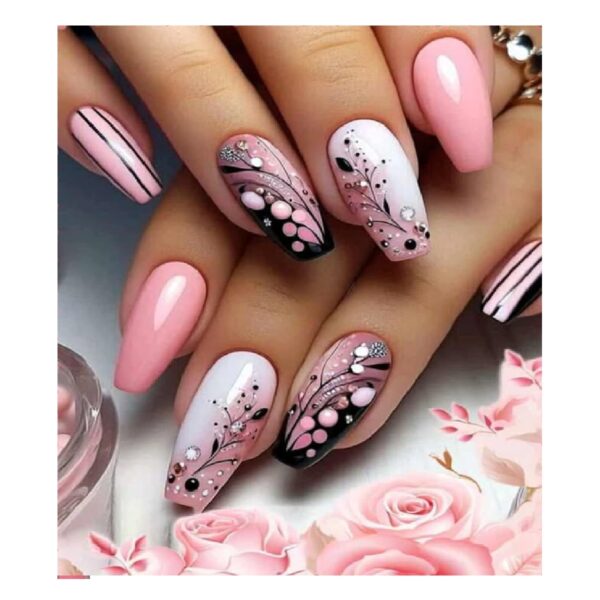 Press-on Nails Ψεύτικα νύχια σετ nail art 24 Τμχ  + 1 κόλλα- Pink Designs - Image 1