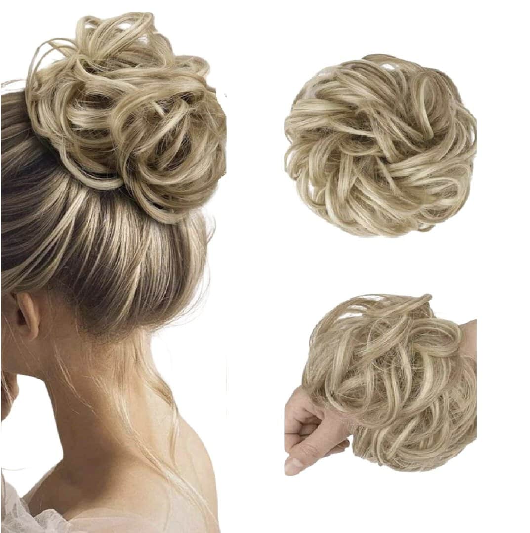 blonde-highlight-kotsos-bun-hair-postis Ποστίς Κότσος με λάστιχο συνθετική τρίχα υψηλής ποιότητας - Ξανθό με ανταύγειες - Image 1