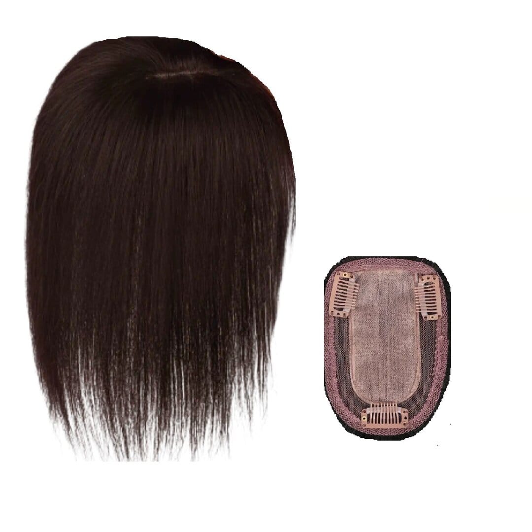 dark-brown-topper-hair-human-hair-hairloss Γυναικείο Topper Τουπέ κορυφής μαλλιών από φυσική τρίχα με 3 κλιπ - Καστανό σκούρο Brown 12 inches - Image 1