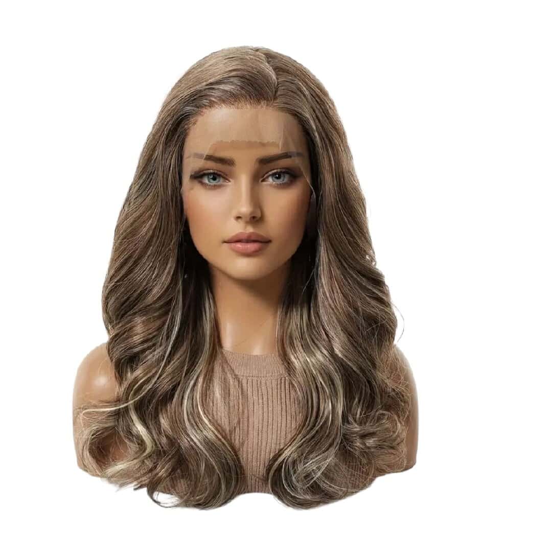 full-lace-invisible-wig-brown-highlights-hairloss-woman-wig Γυναικεία περούκα Full lace 13x4 (αόρατη εφαρμογή) σε καστανό με ανταύγειες συνθετική υψηλής ποιότητας 18 inches - Image 1