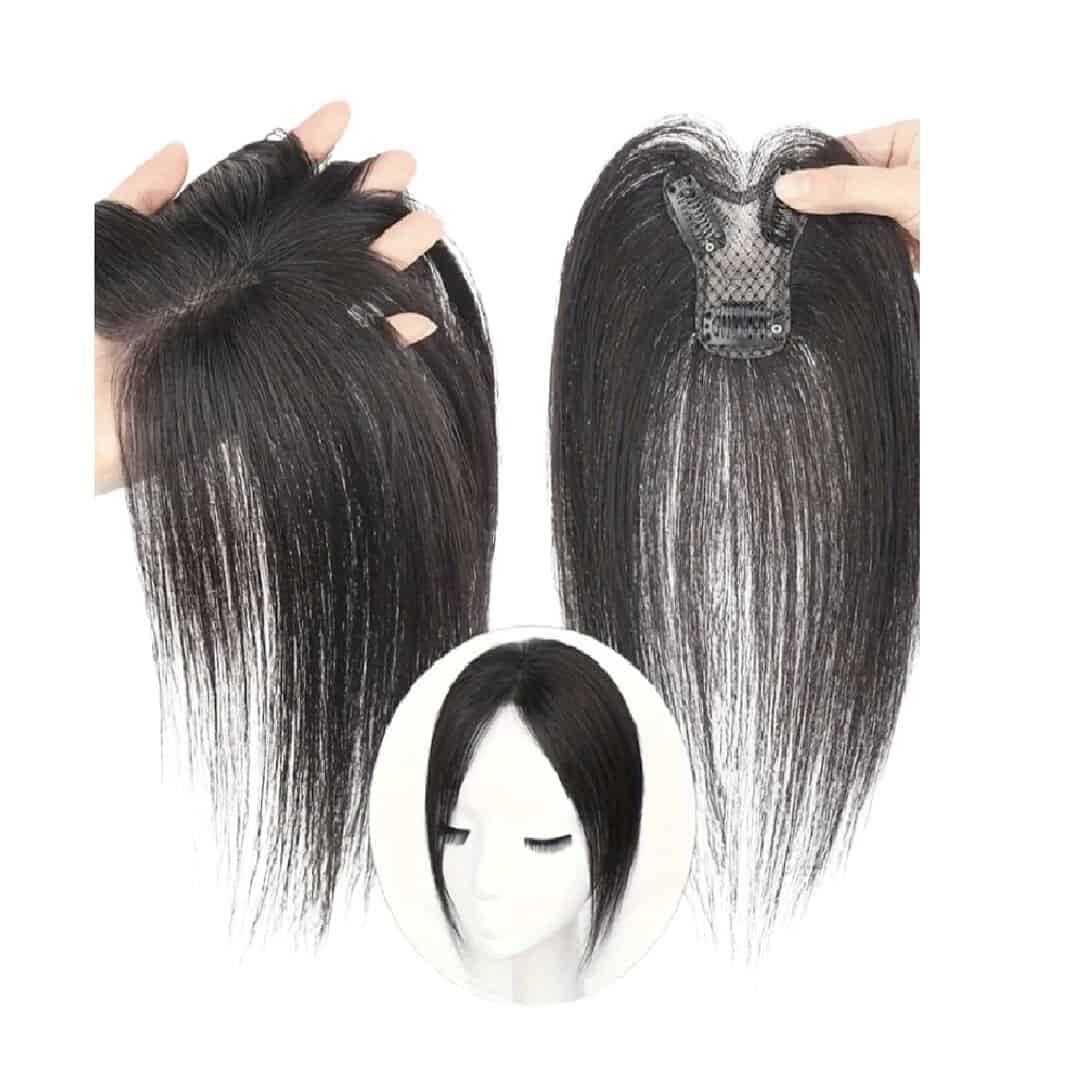 black-human-hair-topper-clips-hairloss Γυναικείο Topper Τουπέ κορυφής μαλλιών από φυσική τρίχα Full lace ( ραμμένο σε διαφάνεια ) - Φυσικό Μαύρο χρώμα 11 inches - Image 1