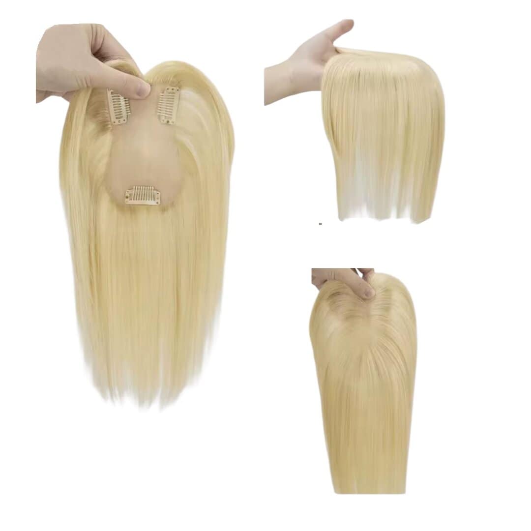 blonde-human-hair-topper-invisible-hairloss Γυναικείο Topper Τουπέ κορυφής μαλλιών από φυσική τρίχα Full lace ( ραμμένο σε διαφάνεια ) - Ξανθό πλατινέ 12 inches - Image 1