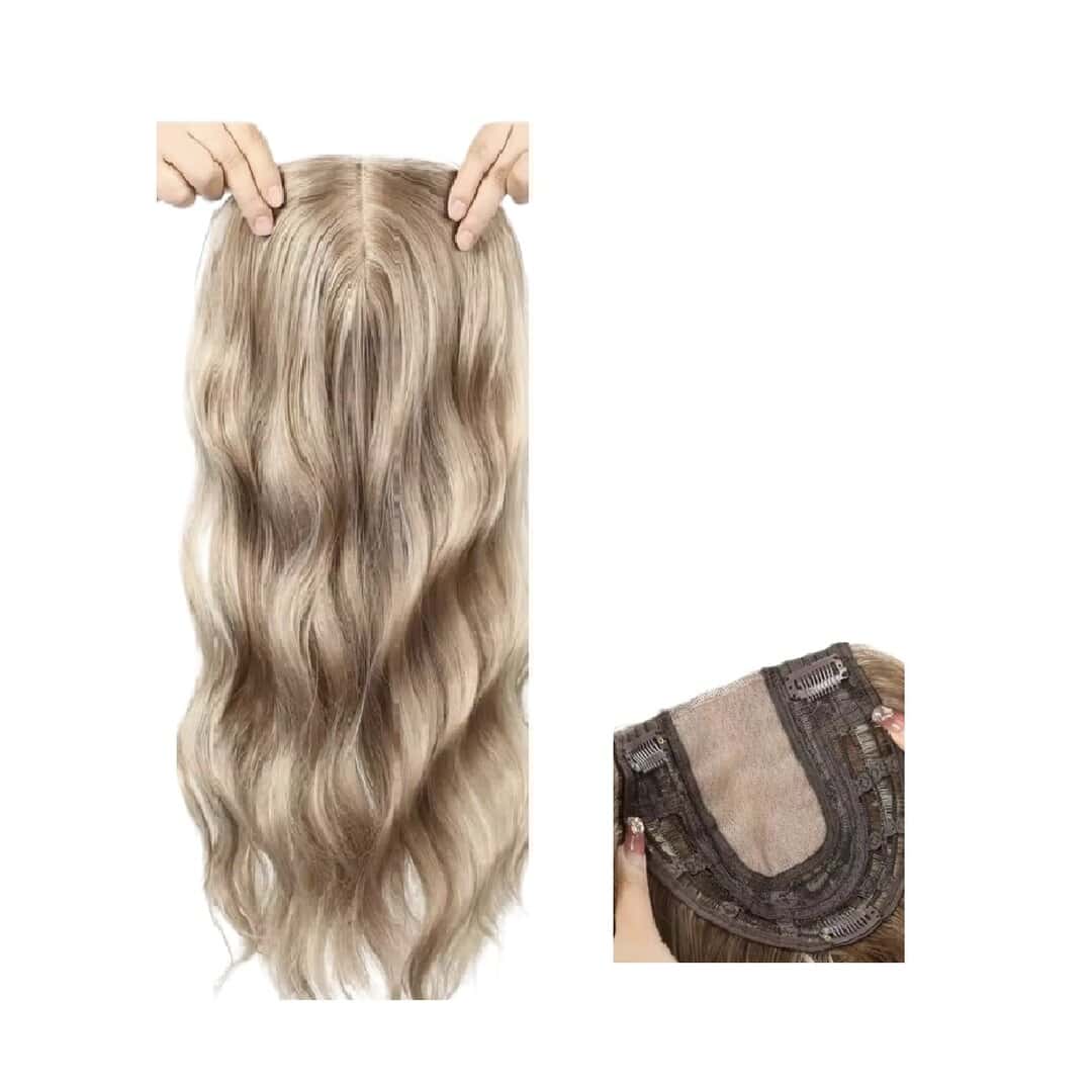 blonde-wavy-hair-topper-hair-hairloss-alopecia Γυναικείο Topper Τουπέ κορυφής μαλλιών με κλιπ μεγάλης επιφάνειας και lace front (διαφάνεια) 20 inches - Ξανθό με ανταύγειες χρώμα - Image 1