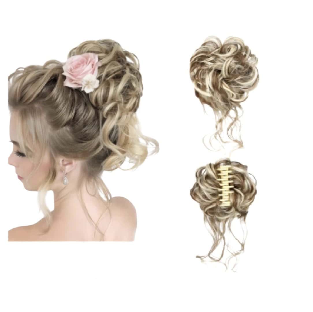 bun-kotsos-hair-brown-blonde-highlights-woman-style Ποστίς Κότσος συνθετική τρίχα υψηλής ποιότητας με αφέλειες και κλάμερ τοποθέτησης- Καστανό με ξανθιές ανταύγειες - Image 1