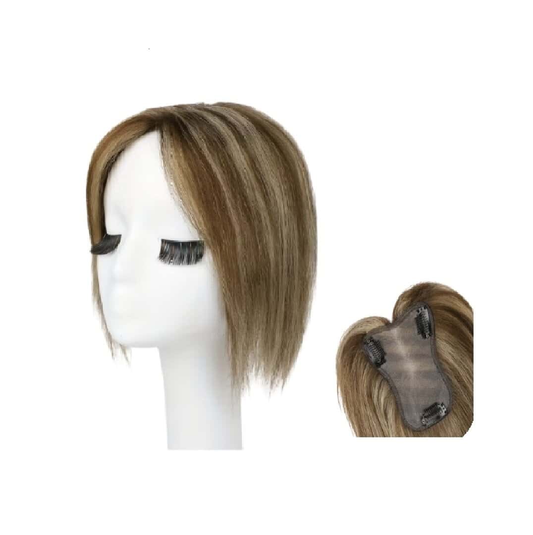 human-hair-topper-woman-hairloss-alopecia-style Γυναικείο Topper Τουπέ κορυφής μαλλιών από φυσική τρίχα Full lace ( ραμμένο σε διαφάνεια ) - Καστανό σκούρο με μελί ανταύγειες 12 inches - Image 1