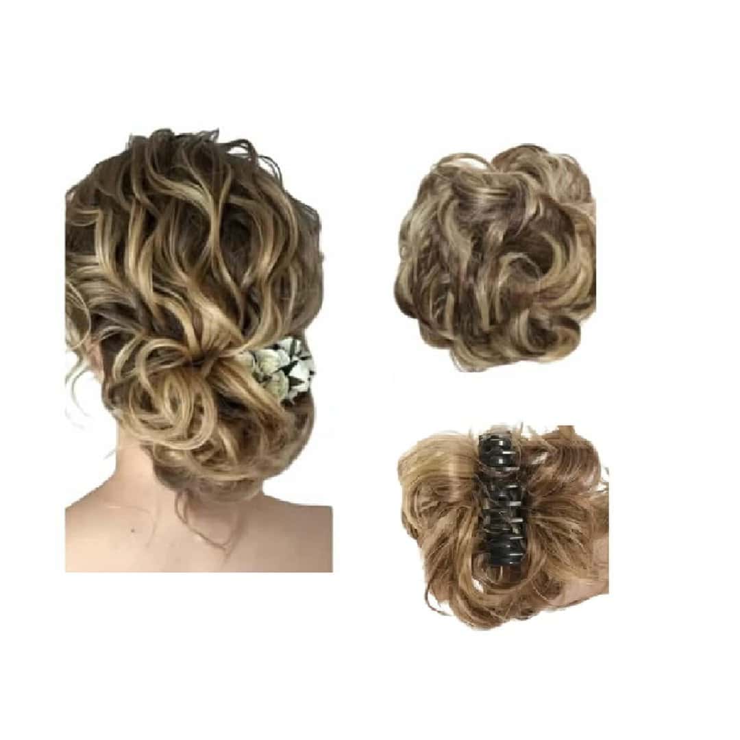 kotsos-bun-brown-highlights-claw-klamer-hair Ποστίς Κότσος συνθετική τρίχα υψηλής ποιότητας με κλάμερ τοποθέτησης- Καστανό με μελί ανταύγειες - Image 1
