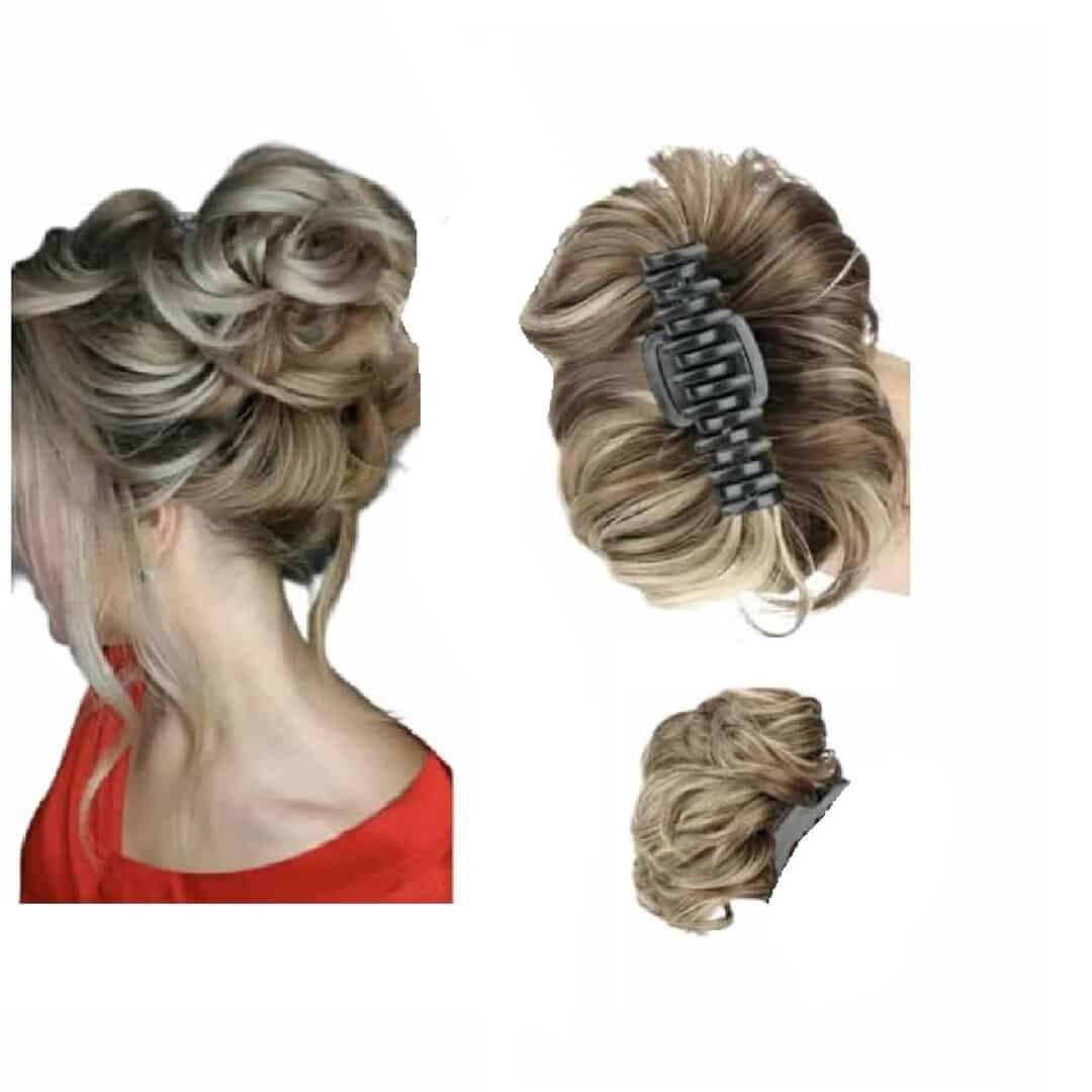 light-brown-highlights-claw-klamer-bun-hair Ποστίς Κότσος συνθετική τρίχα υψηλής ποιότητας με κλάμερ τοποθέτησης- Καστανό ανοιχτό με ανταύγειες χρώμα - Image 1