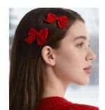 Clip -Κοκαλάκι μαλλιών  βελούδινος κόκκινο φιόγκάκι με στρασάκια 6 cm - Image 2