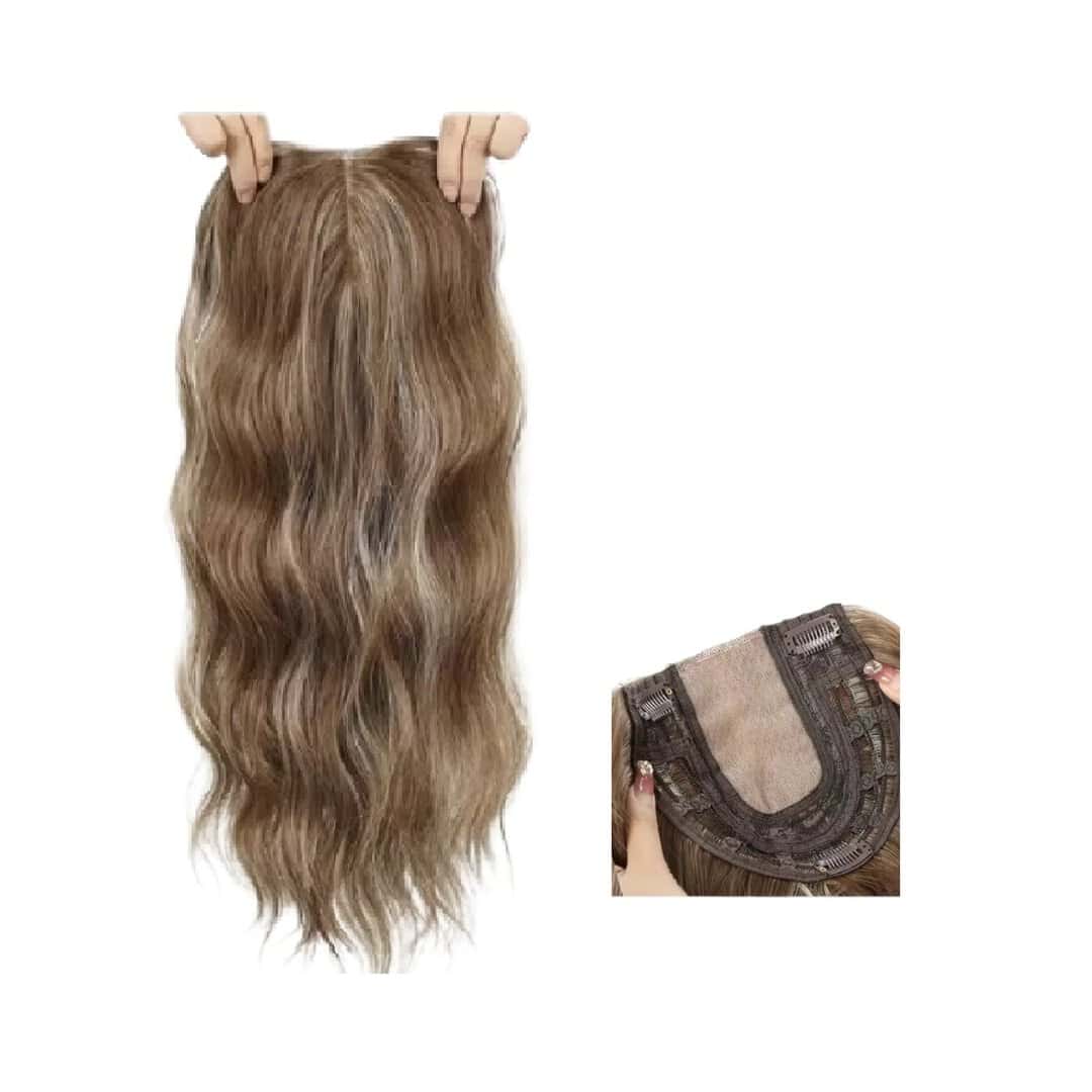 topper-hairloss-synthetic-hair-brown-highlights Γυναικείο Topper Τουπέ κορυφής μαλλιών με κλιπ μεγάλης επιφάνειας και lace front (διαφάνεια) 20 inches - Καστανό με ανταύγειες χρώμα - Image 1