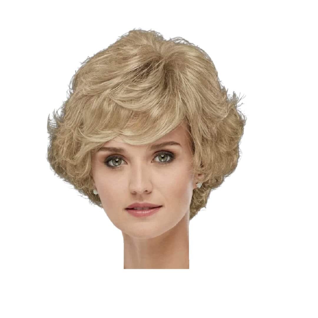 woman-wig-cancer-synthetic-hairloss Γυναικεία περούκα σγουρή σε Ξανθό Gold ανταύγειες χρώμα συνθετική υψηλής ποιότητας 11 inches - Image 1
