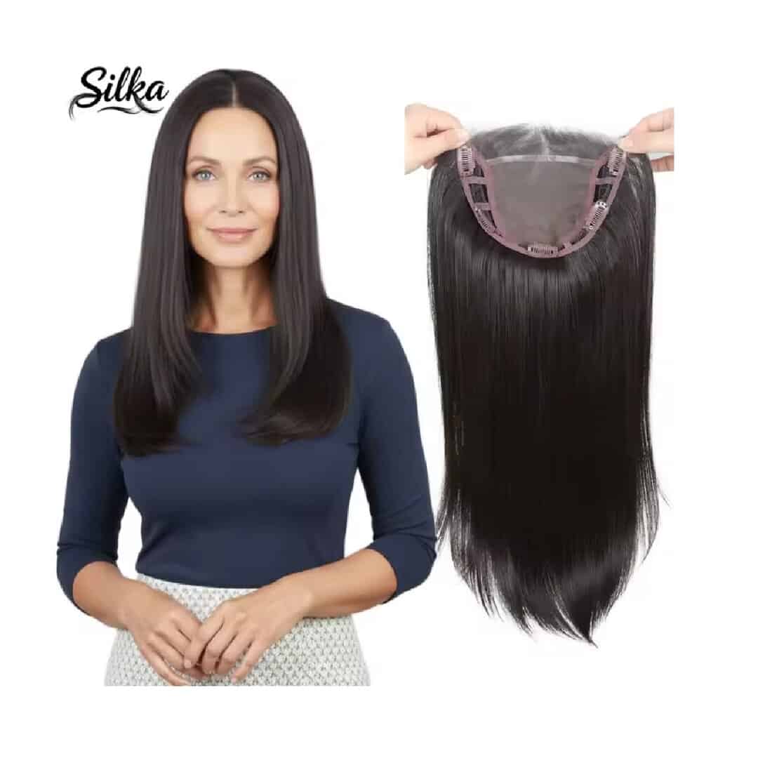 topper-hair-woman-hairloss-lace-clips-alopecia Γυναικείο Topper Τουπέ κορυφής μαλλιών με κλιπ μεγάλης επιφάνειας και διάφανη χωρίστρα 18 inches συνθετική τρίχα Kanekalon- Καστανό σκούρο χρώμα - Image 1
