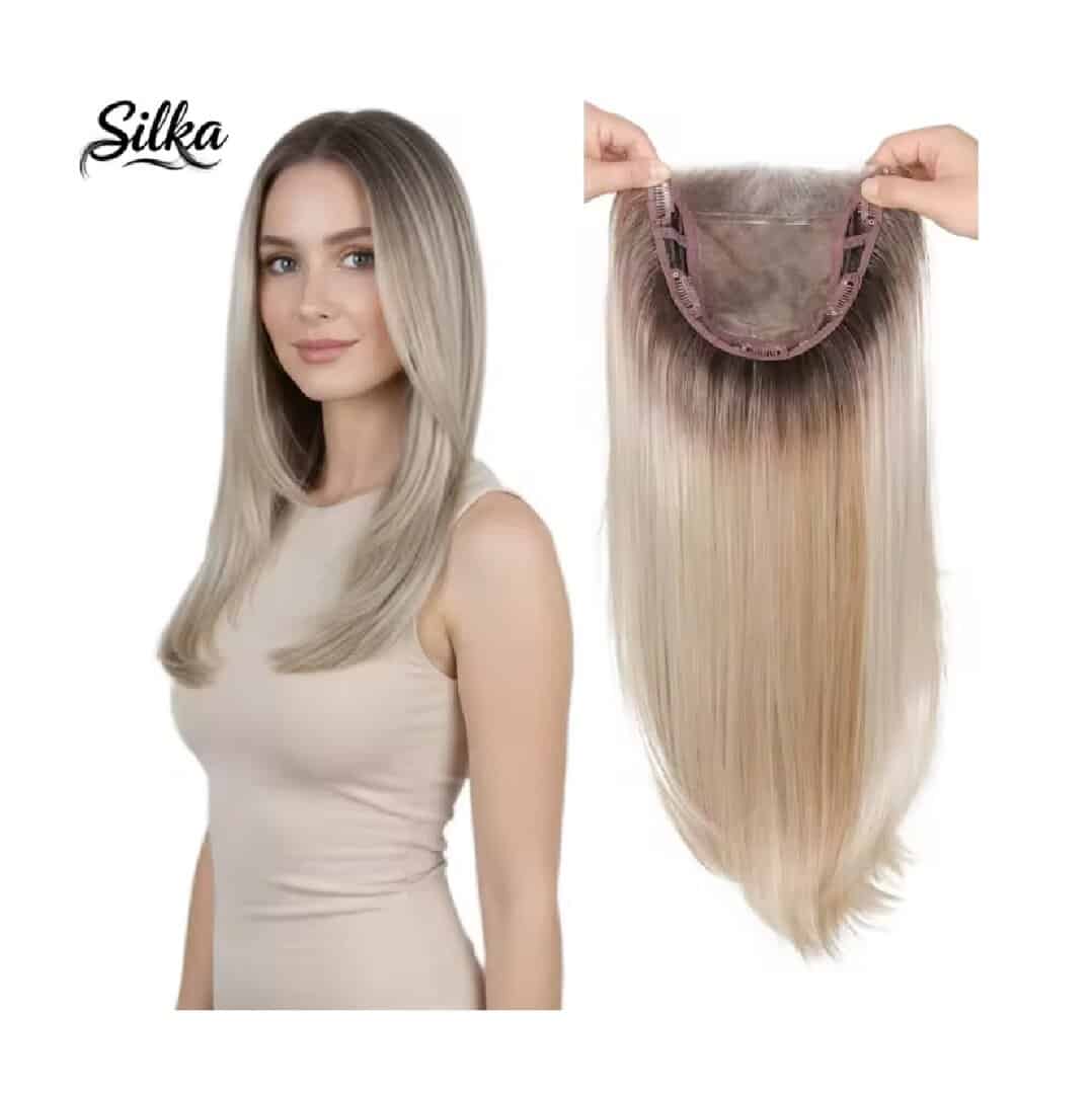 topper-kanekalon-fiber-blonde-hairloss-woman-alopecia-solution Γυναικείο Topper Τουπέ κορυφής μαλλιών με κλιπ μεγάλης επιφάνειας και διάφανη χωρίστρα 18 inches συνθετική τρίχα Kanekalon- Ξανθό με ανταύγειες και σκούρη ρίζα χρώμα - Image 1