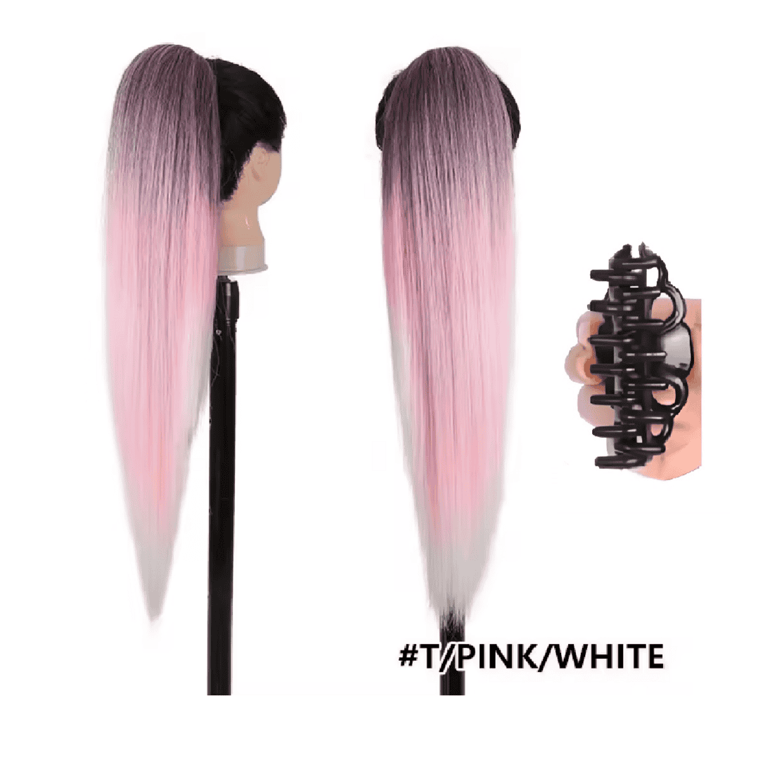 kanekalon-ponytail-pink-white-best-quality-hair-claw Ποστίς Αλογοουρά Ponytail συνθετική τρίχα Kanekalon υψηλής ποιότητας με Κλάμερ- Ίσια Ροζ Λευκό χρώμα #T/ Pink/White 71cm - Image 1