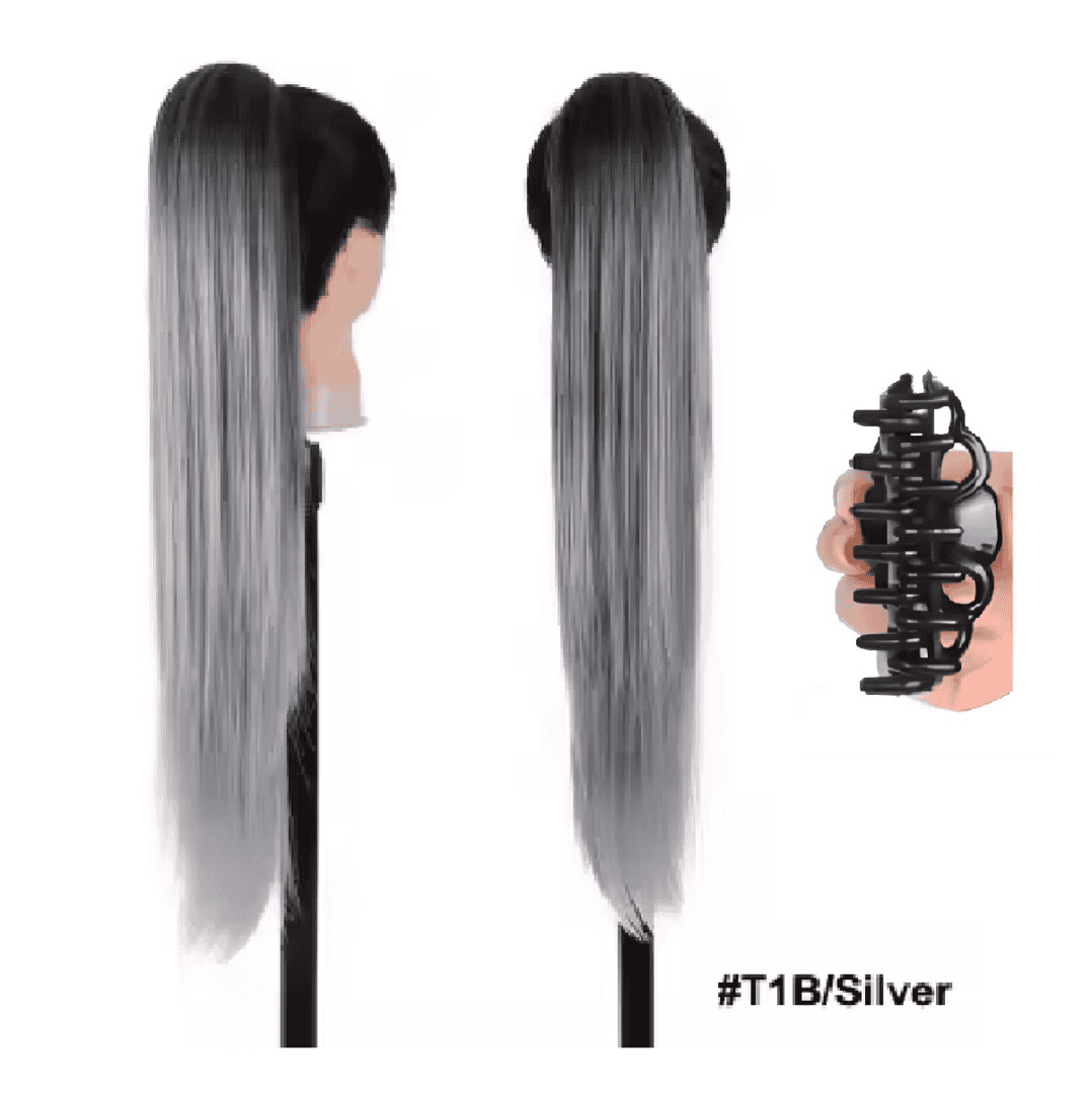 kanekalon-ponytail-silver-straight-best-hair-quality-claw Ποστίς Αλογοουρά Ponytail συνθετική τρίχα Kanekalon υψηλής ποιότητας με Κλάμερ- Ίσια Γκρι Silver χρώμα #T1b/ Silver 71cm - Image 1